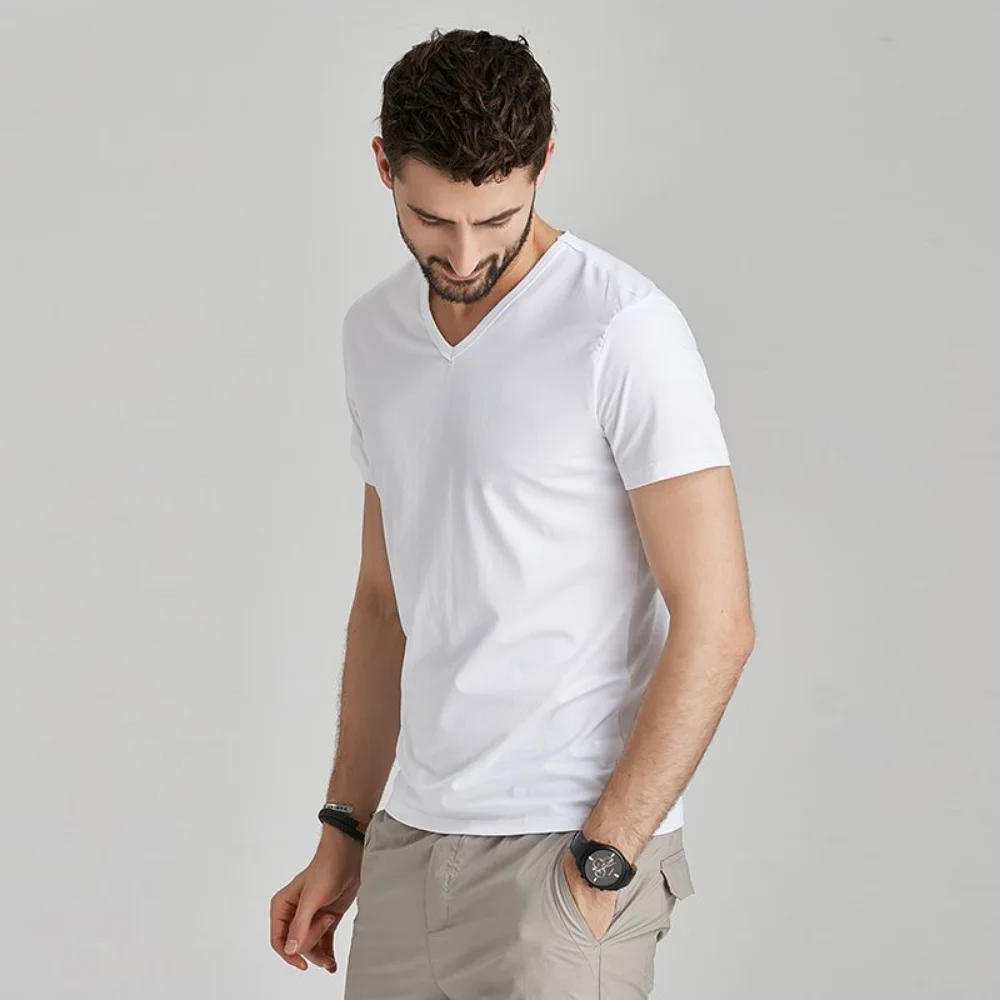 Summer Fashion Luxury Brand T-Shirts for Men with V-Neck Short Sleeves and Ice Silk Modal Fabric Gym Golf Clothing Men Tops