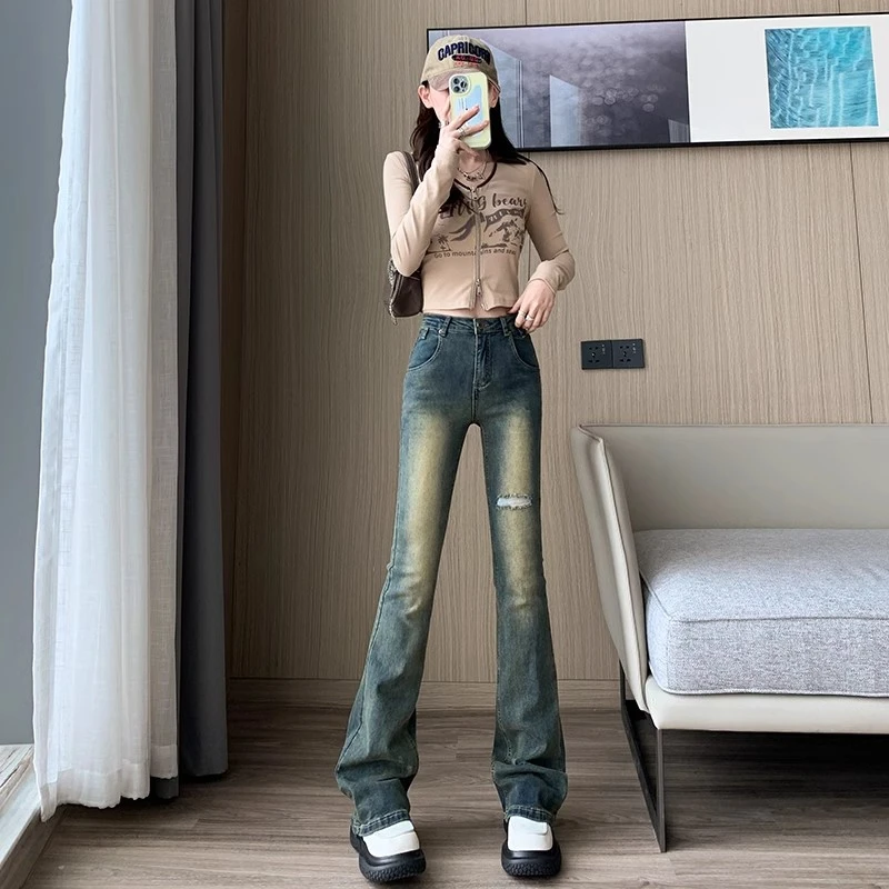 Retro do old washed micro flare jeans female spring new elastic Slim thin high waist horseshoe pants tide