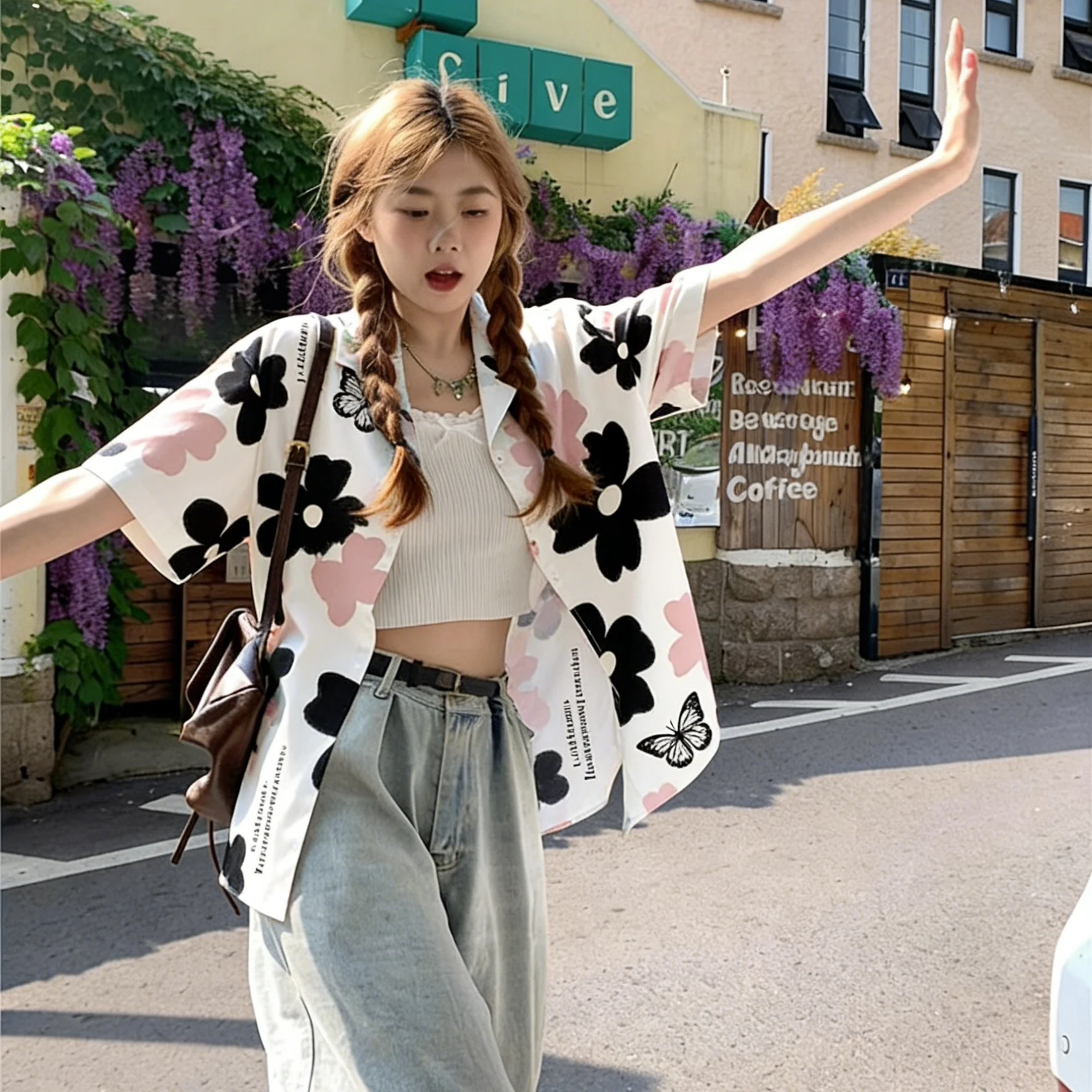 

Loose Floral Print Short Sleeve Women's Shirt Korean Style Summer Design Unique Vintage Hong Kong Casual Patterned Blouse