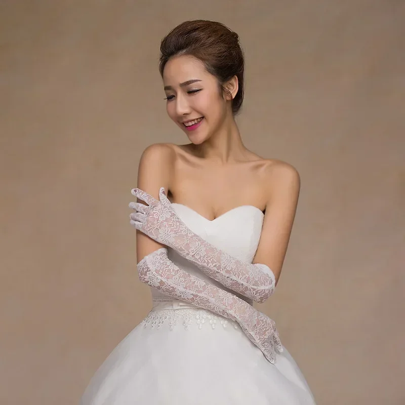 Women Bridal Gloves Elbow Length Full Finger Lace Wedding Accessories Prom Party Black