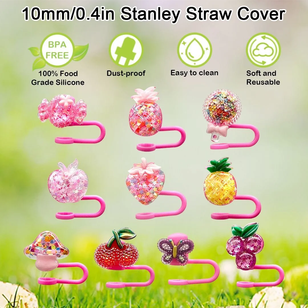 Cute Strawberry Candy Straw Covers Cap For Stanley Tumbler 10mm Cups Accessories Kawaii Silicone Straw Toppers Protector Cap