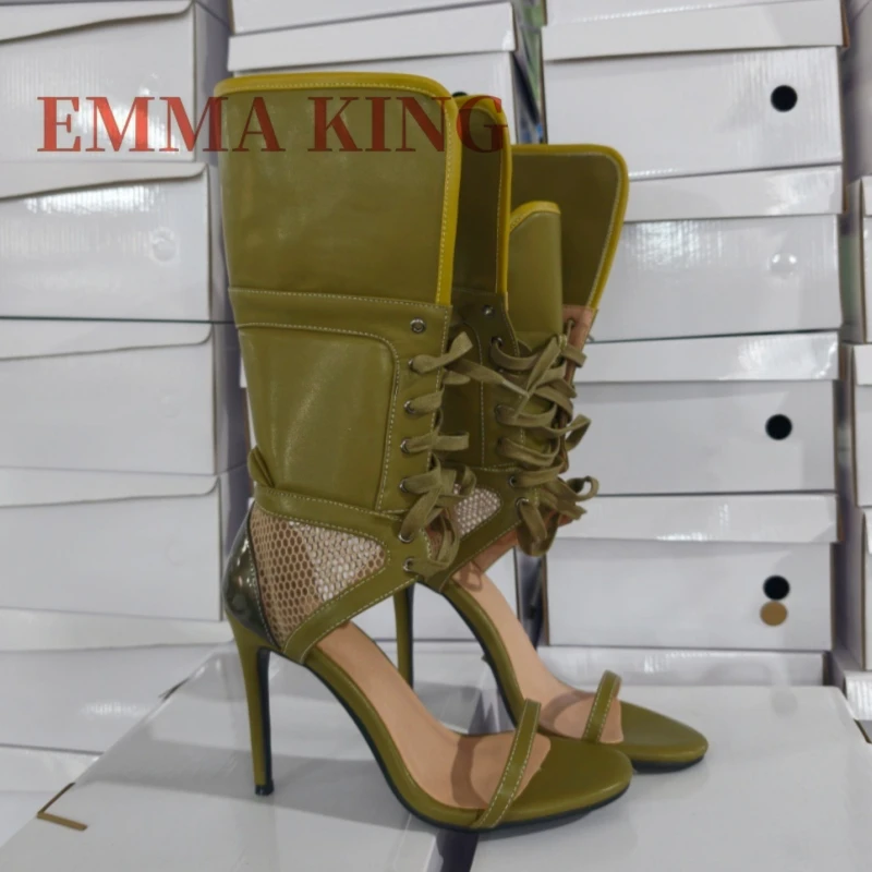 Green Fold Over Ankle High Sandals Women Cutout Mesh Stiletto Heels, Lace Up Open Toe Strap Boot Sandals,Fashion Designer Shoes view 2