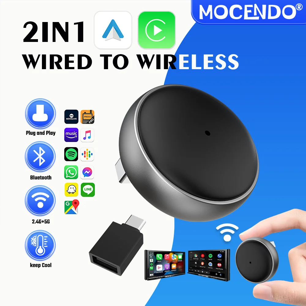 MOCENDO  2in1 Wired to Wireless CarPlay Adapter Android Auto Dongle High-Quality Smart Box 5GHz WiFi Type-C/USB Car Accessory
