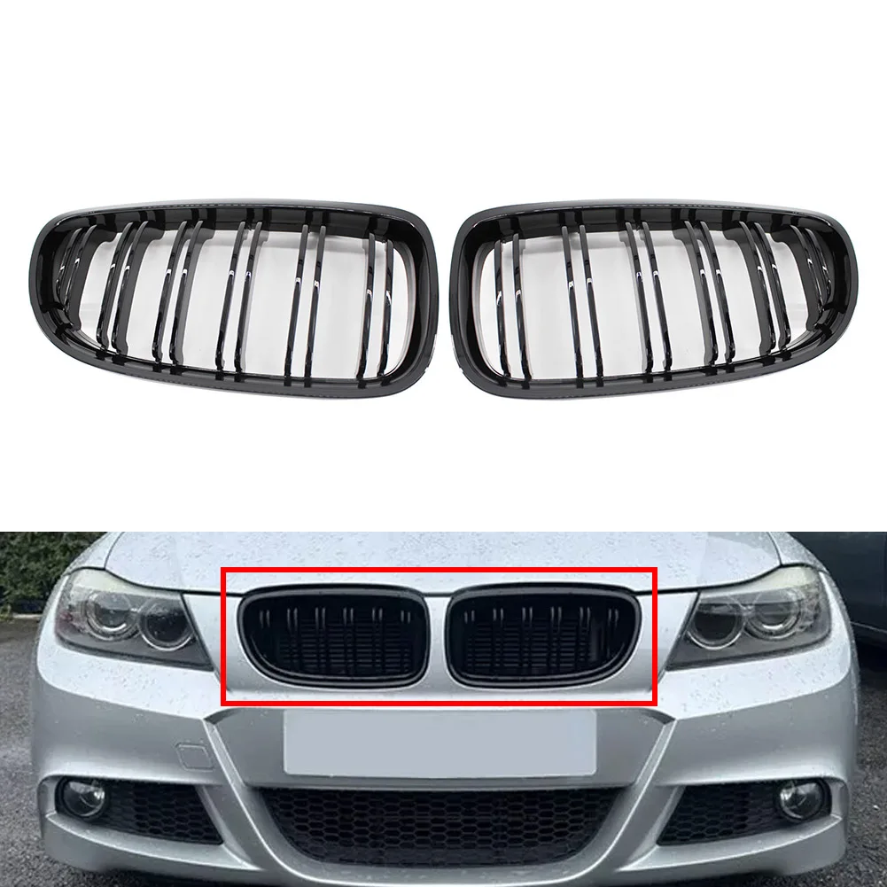 2x Center Bumper Kidney Grille Dual Slat Glossy Black For BMW 3 Series E90 E91 2008-2011 Not for 2 Door/Pre-Facelift/M3 models