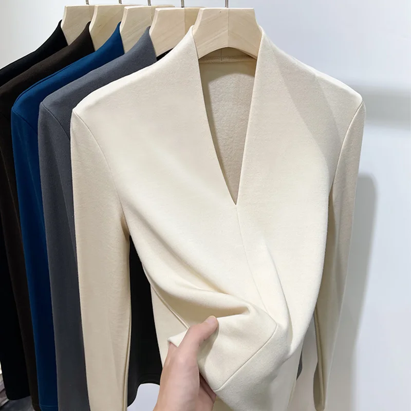 

Модная женская футболка с V-образным вырезом, удлиненная, на подкладке, облегающая, базовый слой, осенне-зимняя, новая, из смесового хлопка