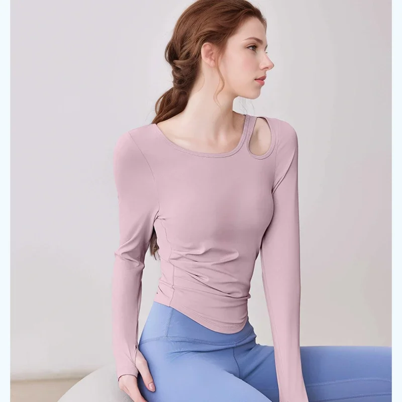 New Hollow-out Pleated Women's T-shirt Long Sleeve Yoga Top No-wear Bra Slim-fit Sports Base Shirt Gym Sweatshirts Y2k Casual