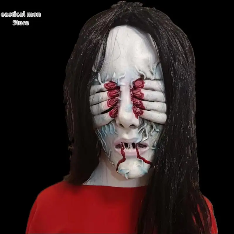 

Scary Halloween Mask Full Face Mask Spooky Ghost Blindfold Mask Latex Headgear Wig Realistic Long Hair Demon Mask Ghost Festival