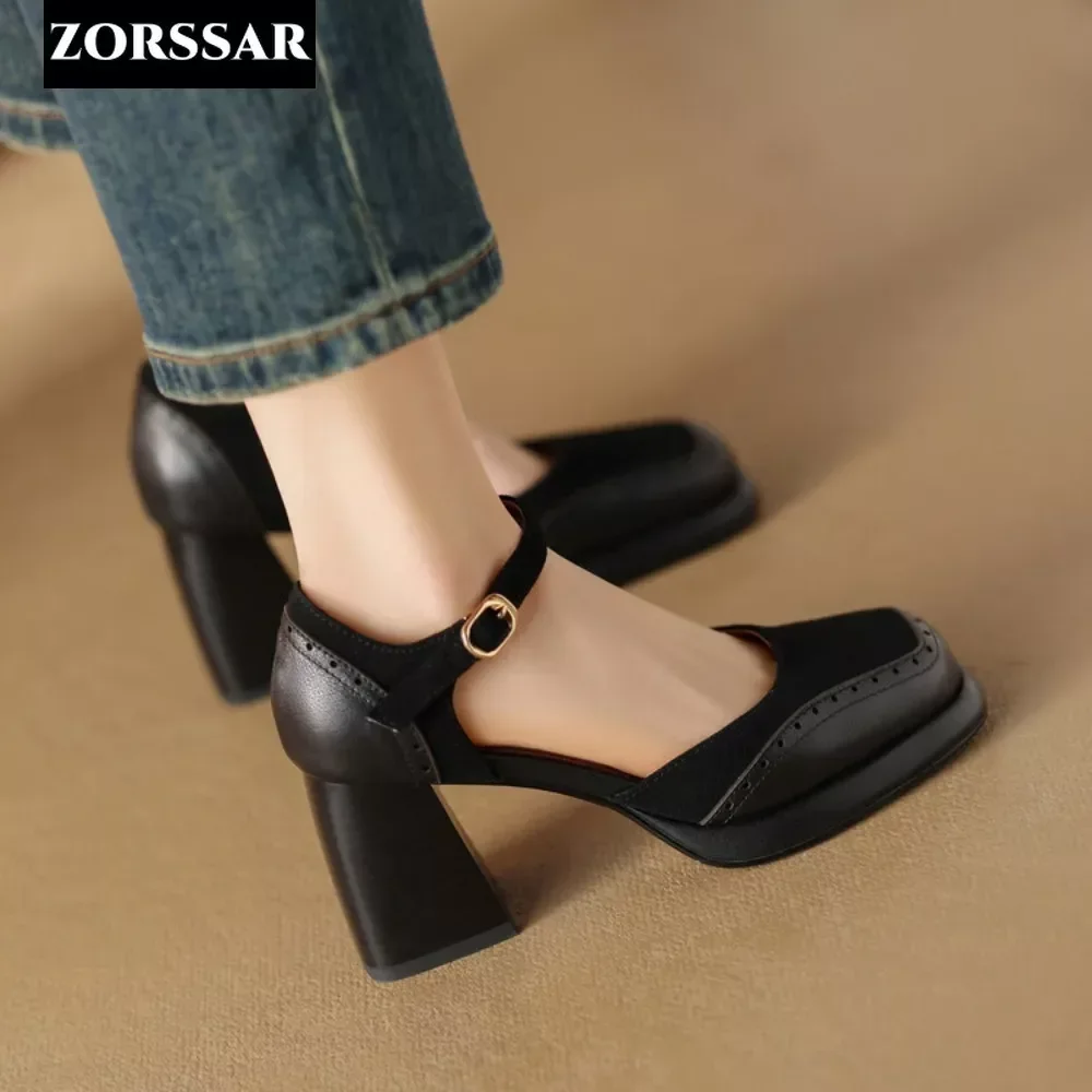 Zamszowe buty na obcasie w jednolitym kolorze Kobiety Square Toe Ankle Strap High Heels Shoes Woman Summer Sandals Patchwork Office Shoes Female