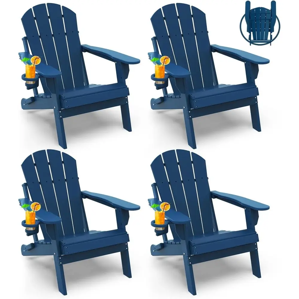 

Set of 4 All-Weather HDPE Plastic Adirondack Chairs with Cup Holders, Ideal for Outdoor Patio, Deck, and Garden in Blue