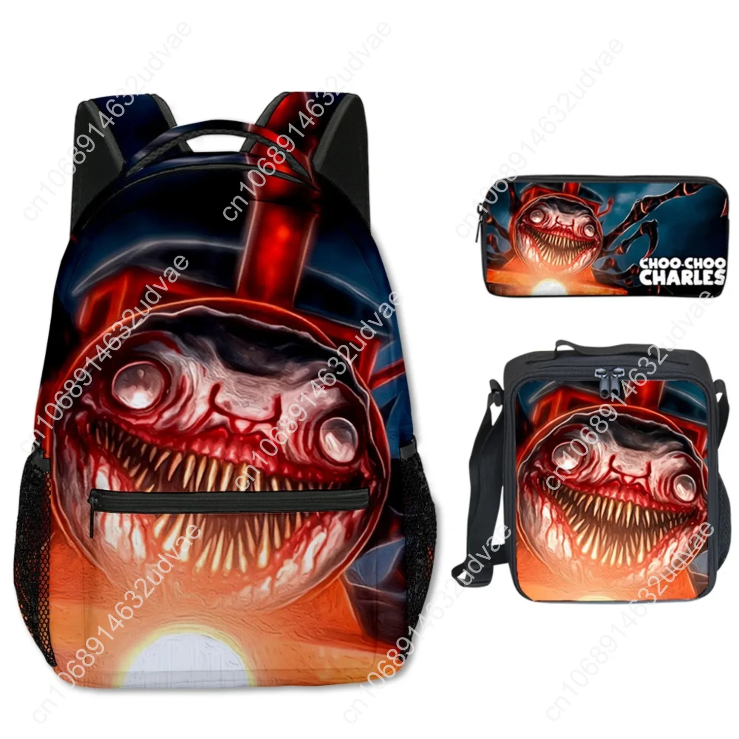 Trendy Popular Choo-Choo Charles 3D Print 3pcs/Set Student School Bags Travel Notebook Backpack Crossbody Lunch Bag Pencil Case