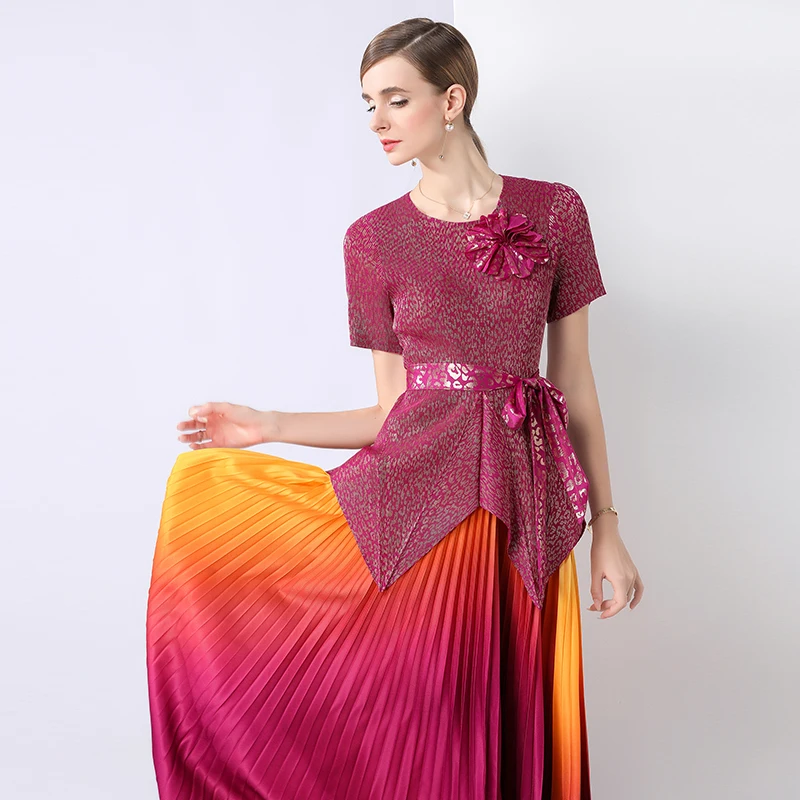 

2025 Summer Southeast Asian Style Gilded Petal Collar Pleated Stretchy Top Set Mature Women Elegant Summer Outfit Trendy Comfy