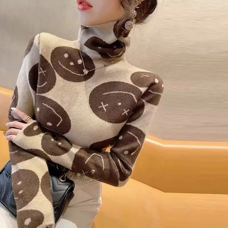 Women Clothing Fashion Sweet Sweaters New Spring Lady Ong Sleeved Turtleneck Slim Knitwear Smile Warm Commuting Tops