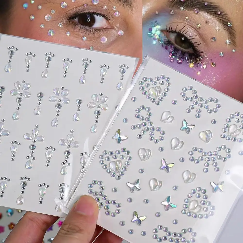 1 Sheet Colorful Bow/Star/Heart Face Rhinestone Stickers Glitter Self Adhesive Face Gem Tattoo Stickers Makeup Hair Crafts Decor