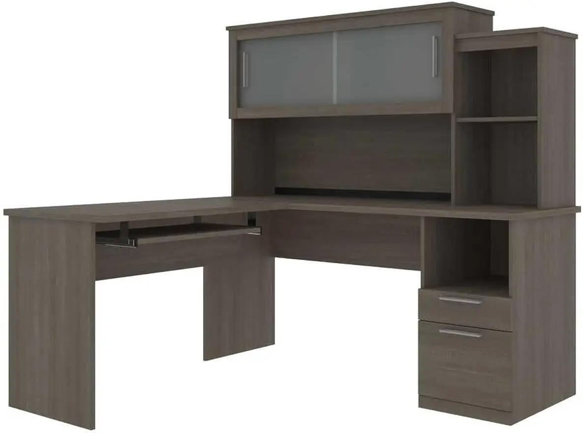 

Computer Desk with Pedestal and Hutch, 63W, Bark Grey