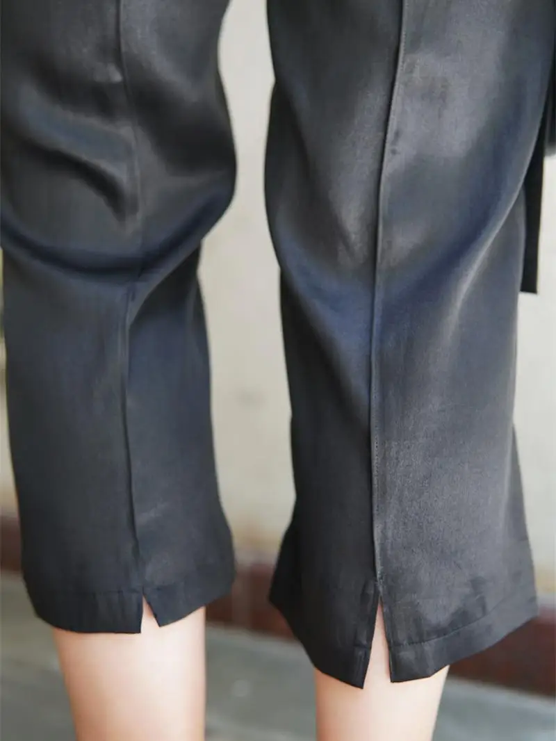 

Женские шелковые брюки-карандаш с высокой талией, прямого кроя, с разрезом, простой дизайн, летние, для офиса, из атласа Cloud...