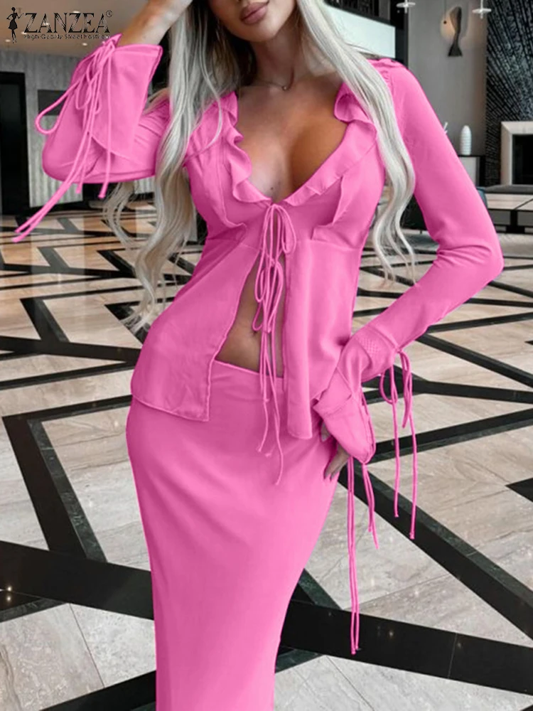 

ZANZEA Vintage Drawstring 2025 Set Women Well Fitting Two Piece Suits Sexy Solid Color Outfits Party Club Female 2pcs Dress Sets