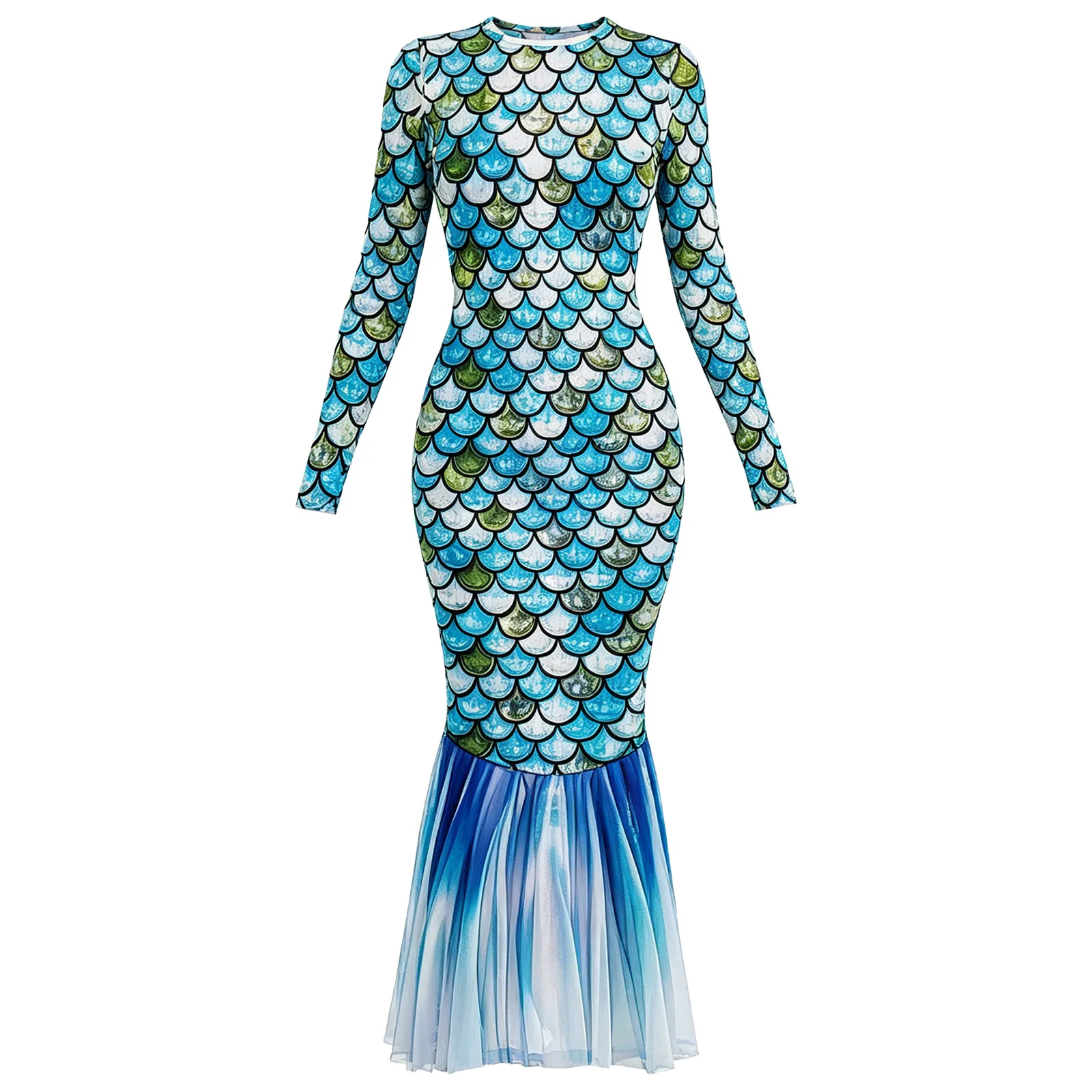 Damen Bikini Cover-up mit Farbverlauf und Fischschuppen-Print, Meerjungfrauen-Strandkleid, schmal geschnittenes Wickelkleid mit Fischschwanz und Rüschensaum, figurbetontes Kleid – Detail 6