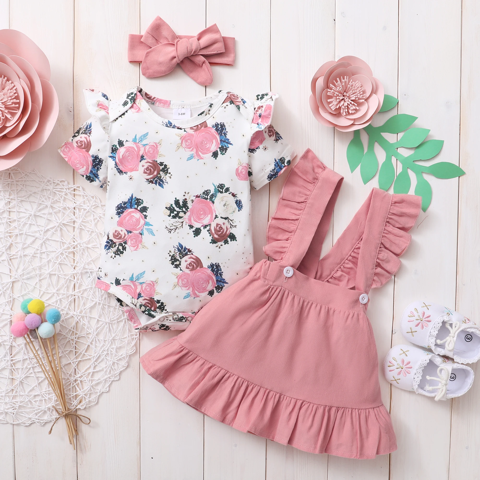 3-24 Months Newborn Baby Girl Dress Baby Princess Dress Short Sleeves Floral Bodysuit + Suspender Skirt + Headband 3PCS Outfit