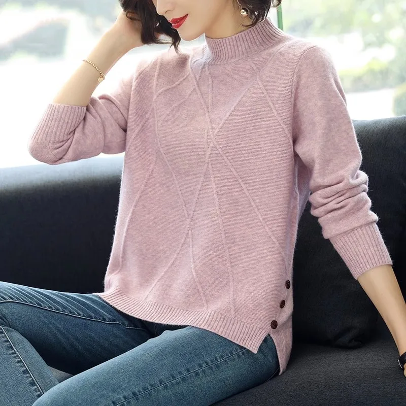 

2025 Autumn Winter Solid Half high collar Pullover Sweater For Women Casual Knitwear Female Clothing Basic Soft Tops
