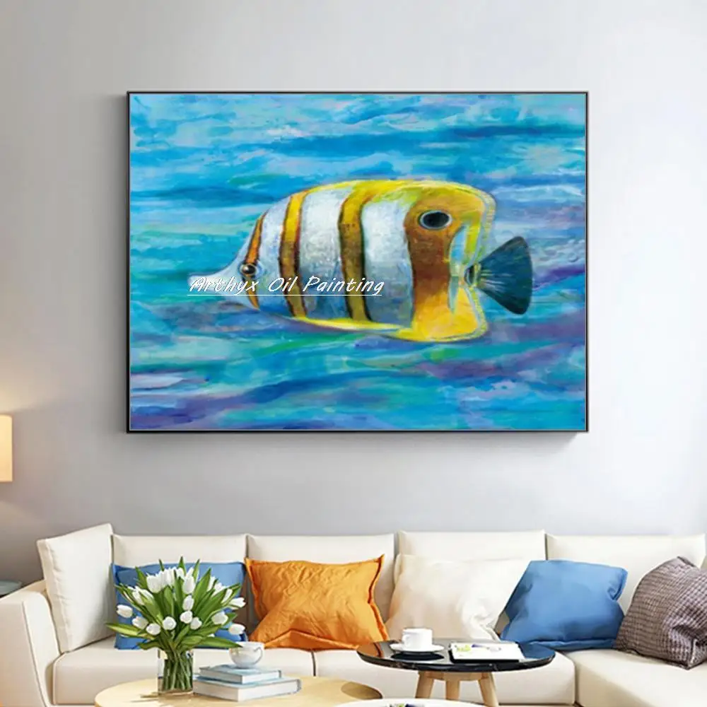 Arthyx Handmade  Fish Oil Paintings On Canvas Pop Art Modern Abstract Animal Poster Wall Picture For Living Room Home Decoration