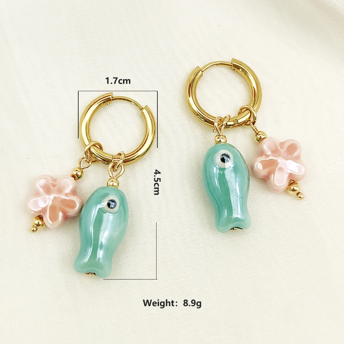 Cute Fish Shaped Drop Earrings with Stainless Steel Hoops Heart And 5-Petal Ceramic Flower Retro Dopamine Personalized Ins Style