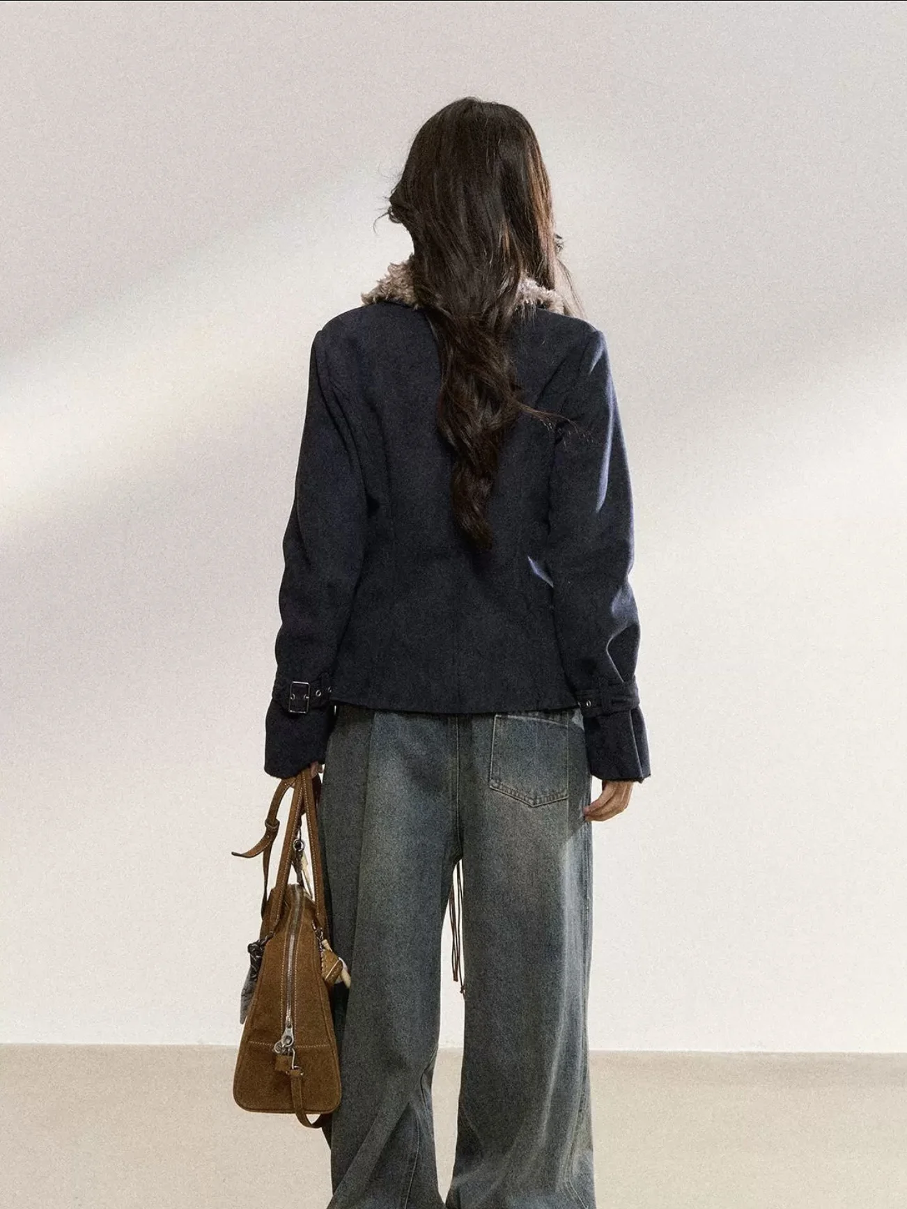 TheLike Original Development Blue Retro High nce Suede Leather Jaet Women's Fur Casual Coat ort Outerwear