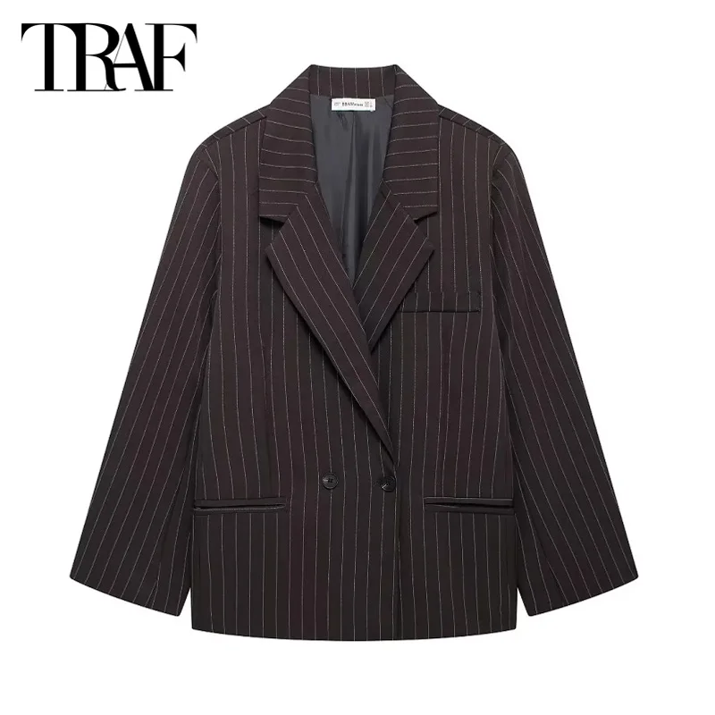 TRAF Striped Blazer 2024 Women's Autumn Winter Elegant Office Long Sleeve Outerwears Fashion Casual Black Oversized Blazer Coat