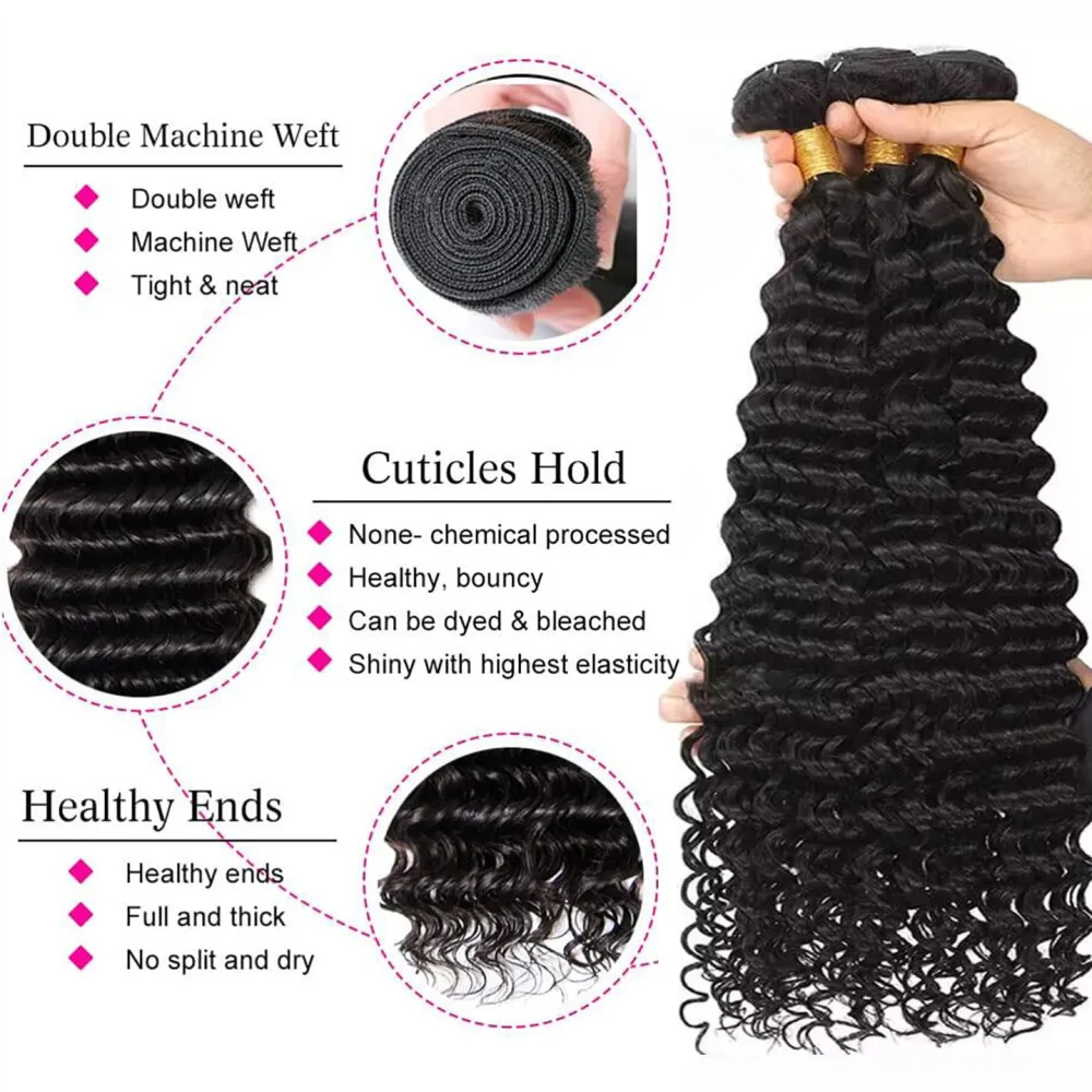 Bundles de cheveux humains Deep Wave pour femme, document naturel, vague d'eau bouclée, 3 faisceaux, extensions brésiliennes vierges, 30 po