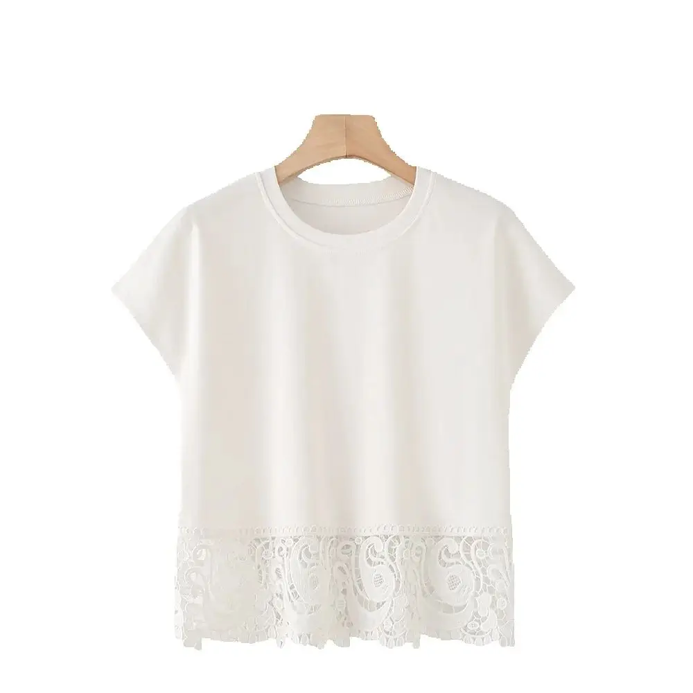 

Новая осенняя модная простая хлопковая футболка с круглым вырезом и короткими рукавами с приподнятым кружевным лоскутным топом