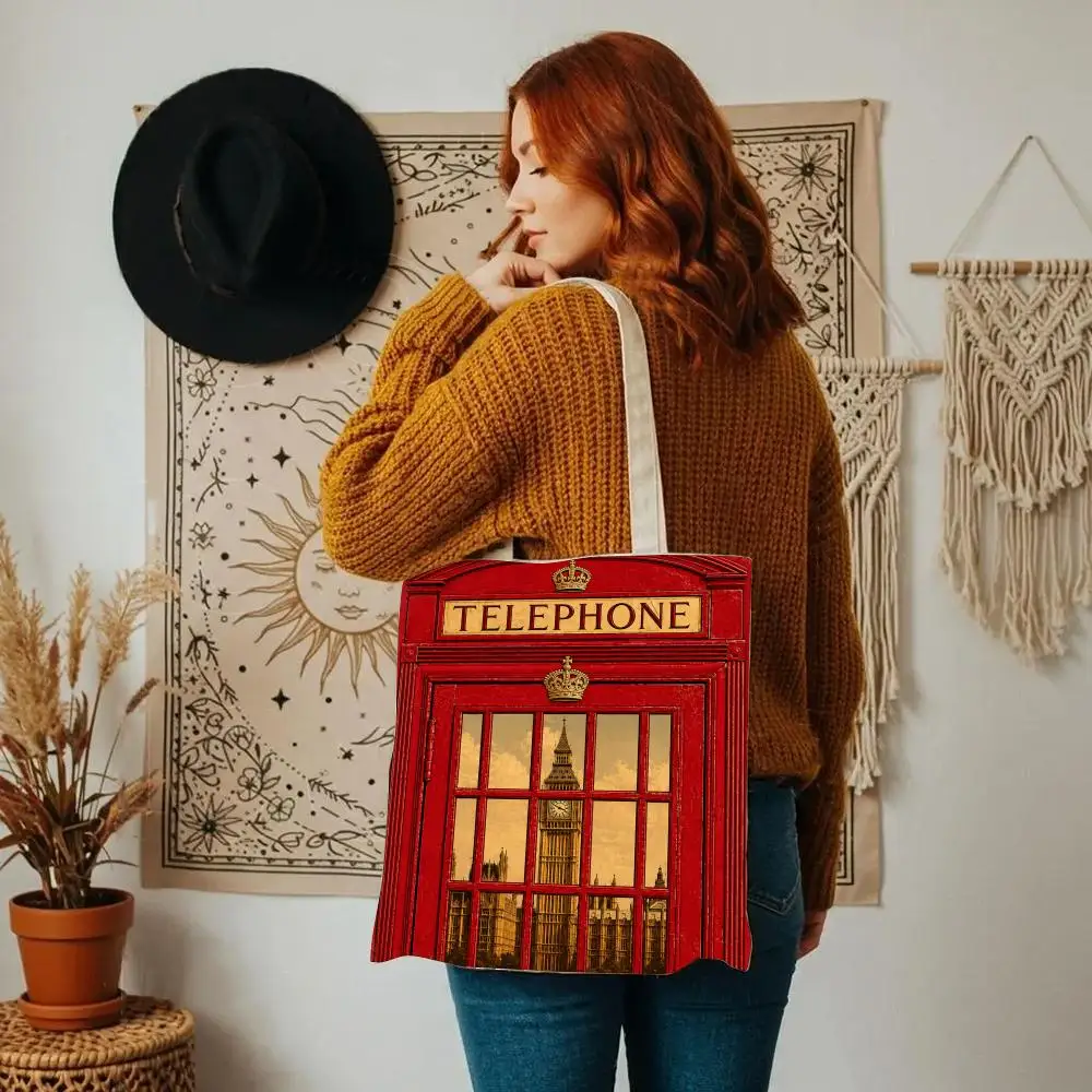 London Telephone Storage Bags Double-Sided Printed Canvas Tote Bag Eco-Friendly Reusable Large Capacity Handbag view 2