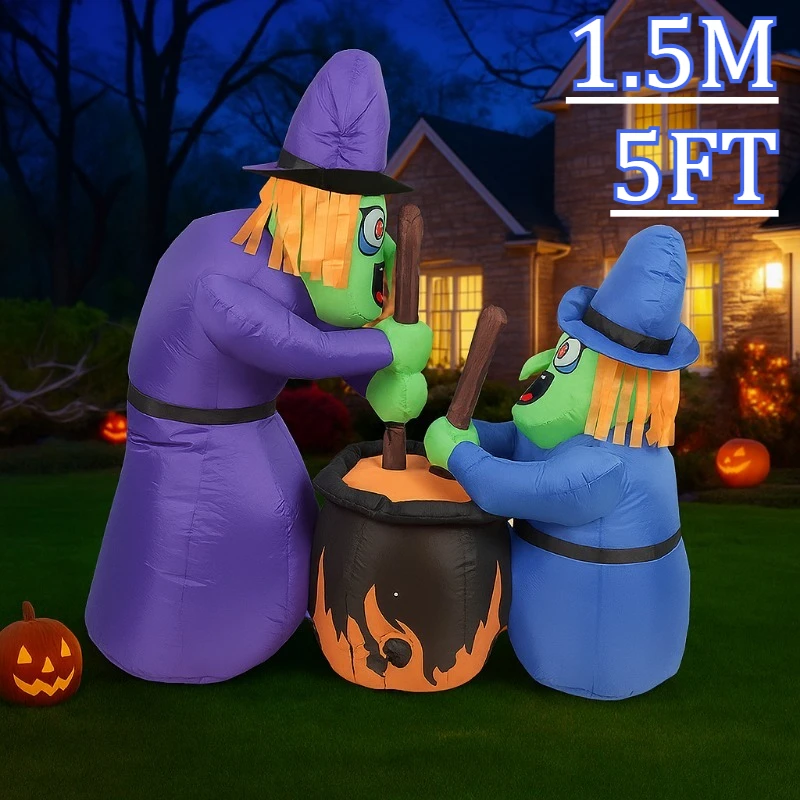 

5FT Outdoor Holiday Decorations Inflatables Model Halloween Tow Witches Built-in LEDs Indoor Party Garden Halloween Toys Decor