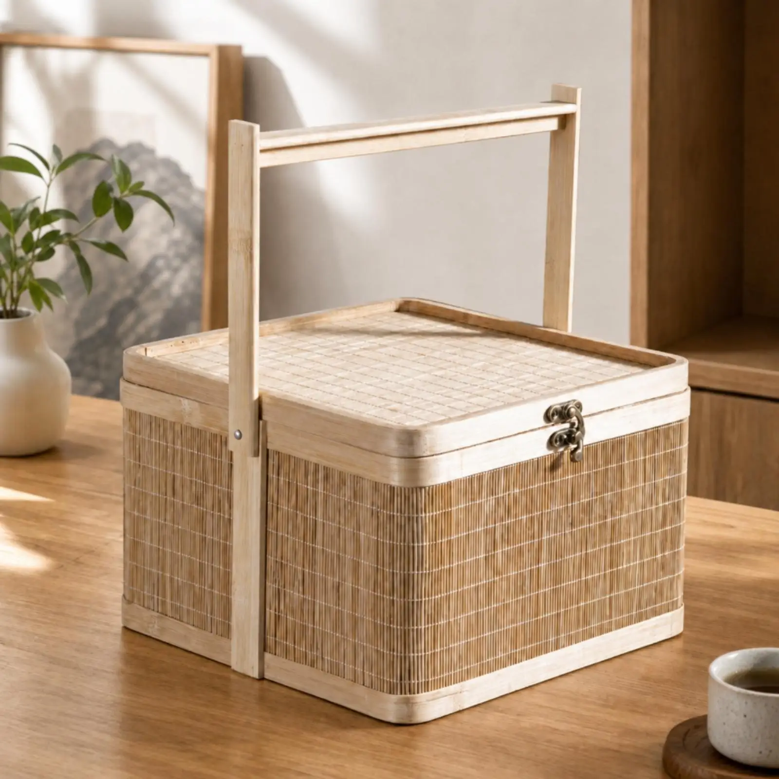 Square Bamboo-Woven Basket with Lid Sturdy Woven Bamboo Basket with Metal Clasp Rigid for Food Display, Holiday Packaging