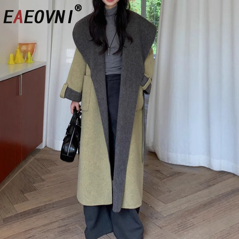 

EAEOVNI Winter New Wool Long Coat Women Contrast Color Two Sided Lape Belt Gathered Waist Long Jacket Fashion Clothing
