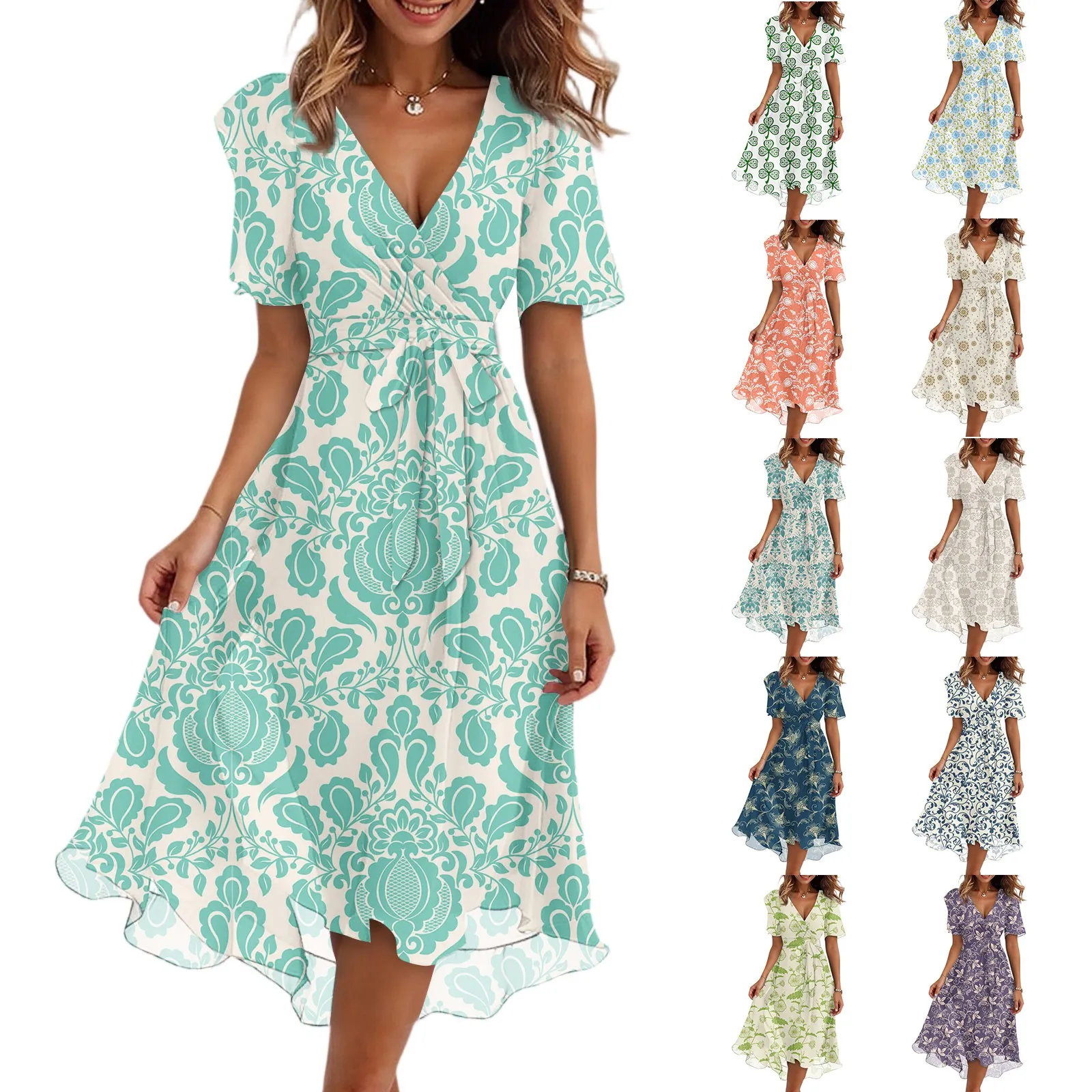 Damen-Sommerkleid mit Blumenmuster, lässig, Wickel-V-Ausschnitt, gerüschte Kapuze, kurze Ärmel, Gürtel, A-Linie, Rüschensaum, Midi-Sommerkleid, elegante Kleider