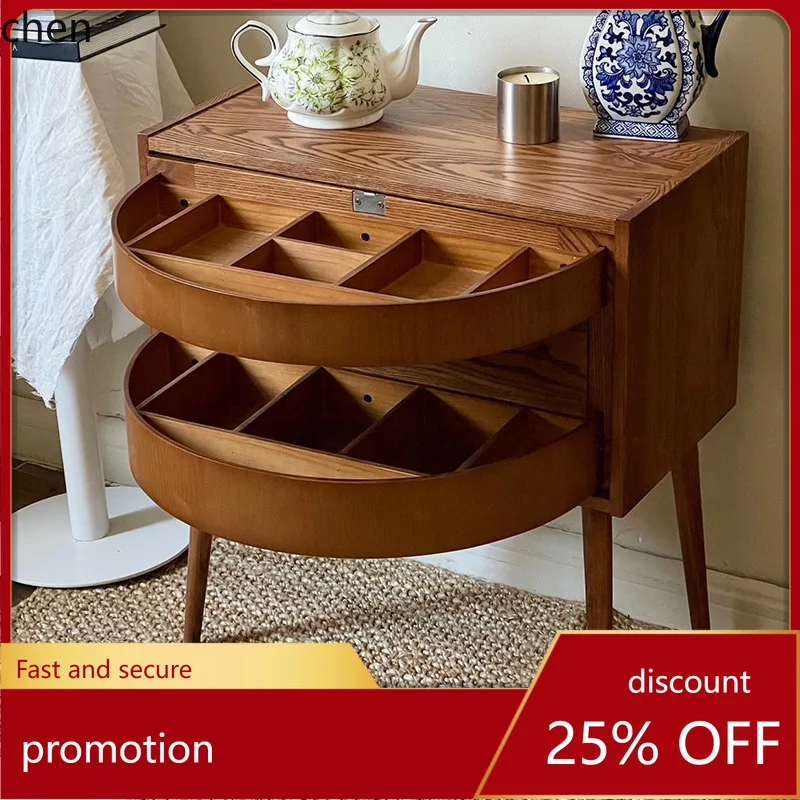 

HT Solid Wood Vintage Jewelry Cabinet Rotating Bedside Rattan Side Table Storage Cabinet Partition Small Cabinet Retro