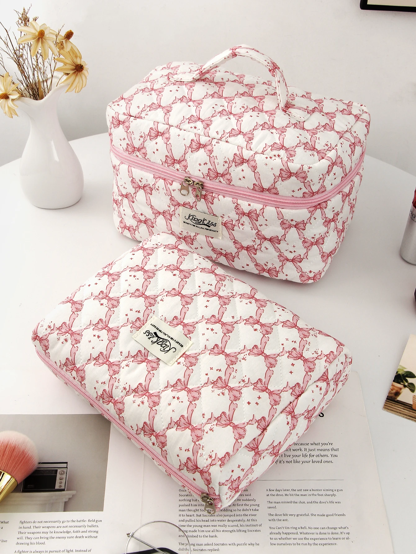 1pc/set Pink Mermaid Bow Quilted Makeup Bag, Essential Makeup Bag for Toiletries Storage, Travel Storage Makeup Bag, Multifuncti