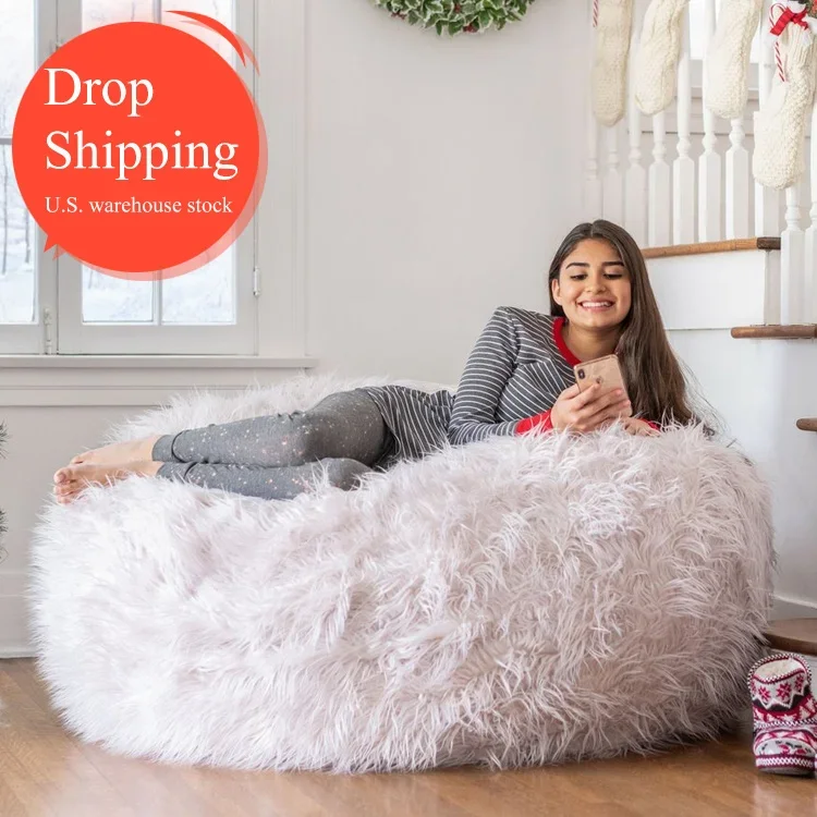 within the U.S dropshipping 5ft Soft Fluffy Faux Fur big Round Bean Bag Lazy Sofa