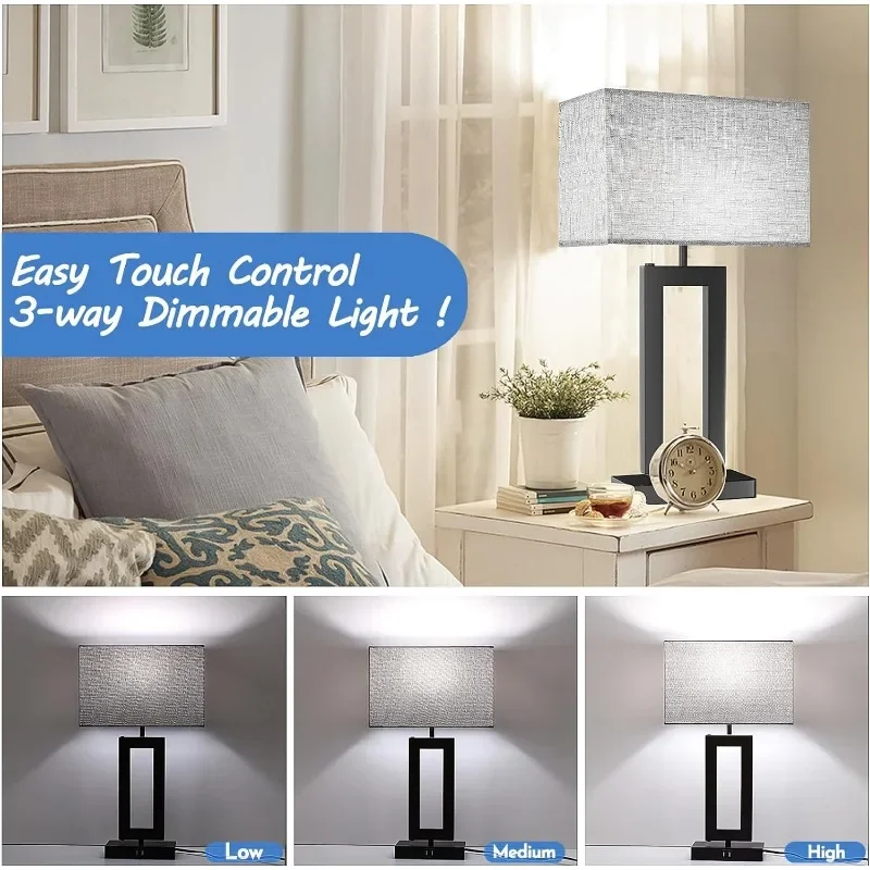 22’’ Tall Set of 2 Touch Control Table Lamp w. 2 USB Ports, 3-Way Dimmable Modern Bedroom
