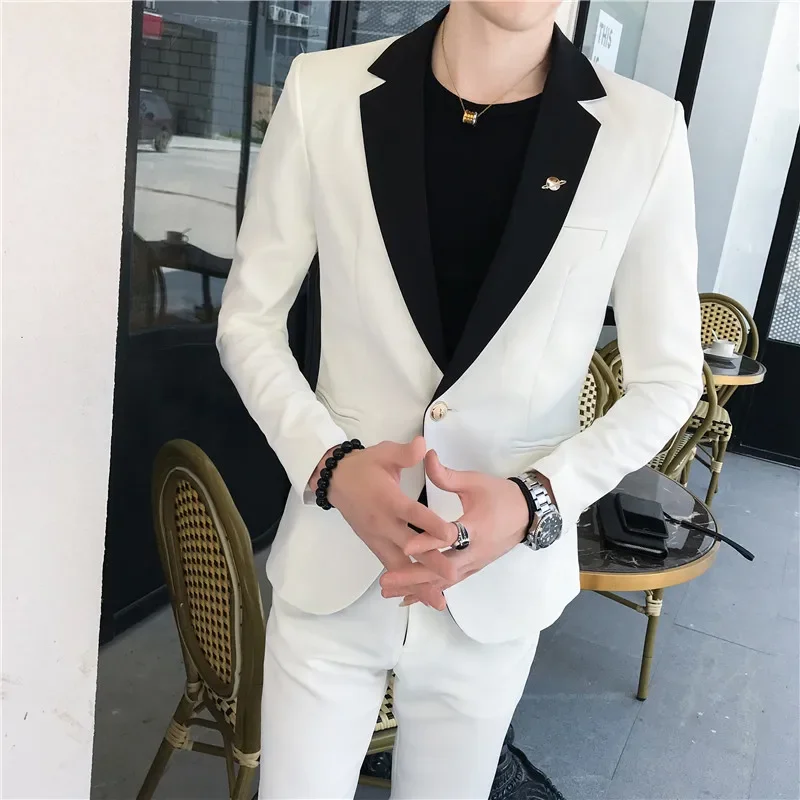 2024  Men's Contrast Color Fit British Style Suit Youth Fashion Leisure Suit Two Pieces