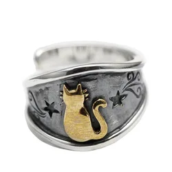 Fashion creative personality star cat opening ring retro dyed black Ring finger gift for men and women jewelry