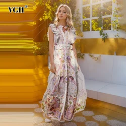 VGH Hit Color Floral Printing Spliced Belt Dress For Women Stand Collar Flying Sleeve High Waist Elegant Dresses Female Fashion