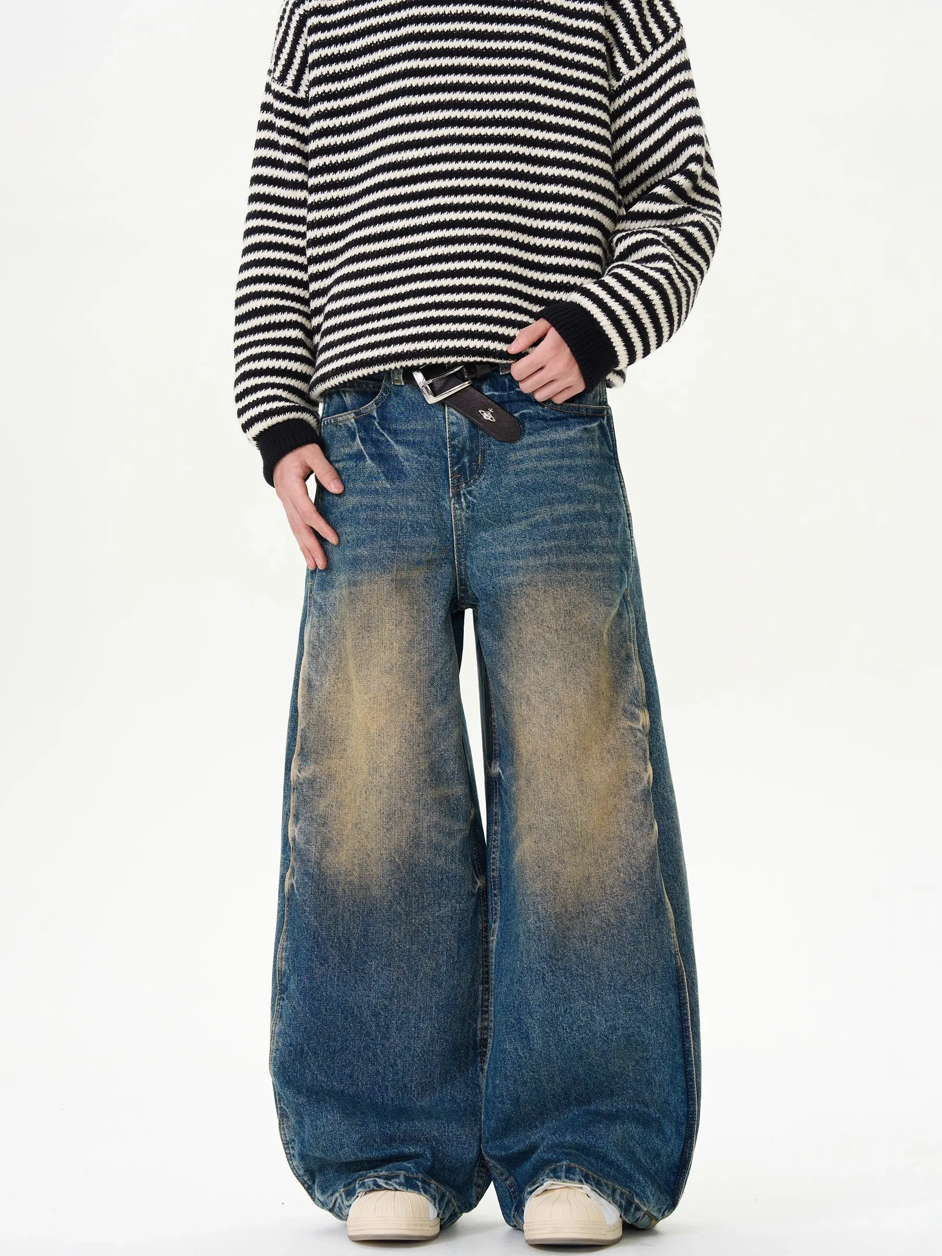 

Retro American Mud Dye Deep Blue Faded Jeans Loose Straight Leg Trousers Men Women Trendy Design Casual Wear All Seasons