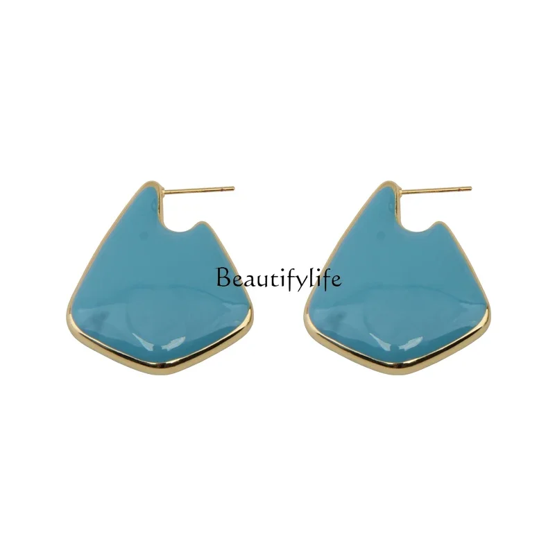 

Vintage enamel drip oil three-dimensional geometric triangular earrings unique studs