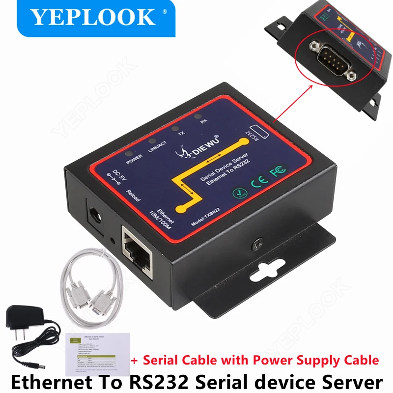 Ethernet RJ45 to RS232 DB9 Serial Port Device Server Converter อุตสาหกรรม Ethernet LAN Adapter รองรับ TCP/RTU/UDP โหมด