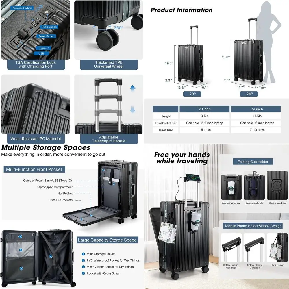 

Front Pocket Hardside Spinner Suitcase with TSA Lock, Cup & Phone Holder, USB Charging, Black (1 Piece)