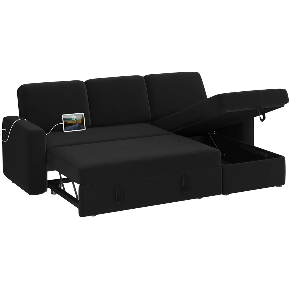 Convertible sectional sofa L-shaped sofa bed with chaise longue and USB, Reversible sofa bed with pull-out bed and storage