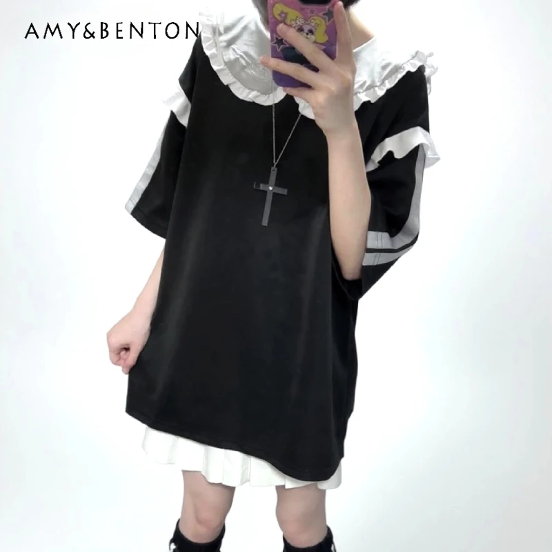 

Original Design Japanese Subculture Ruffled Collar Women's Top Summer New Sweet Cool Cute Versatile Slimming Long T-Shirt Ladies