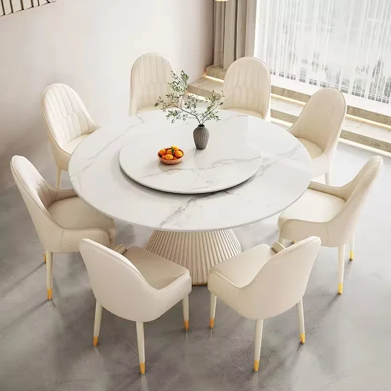 

A Modern Furniture Dining Table Set Round Marble Luxury Round Table with Turntable Slate Cream Dining Table