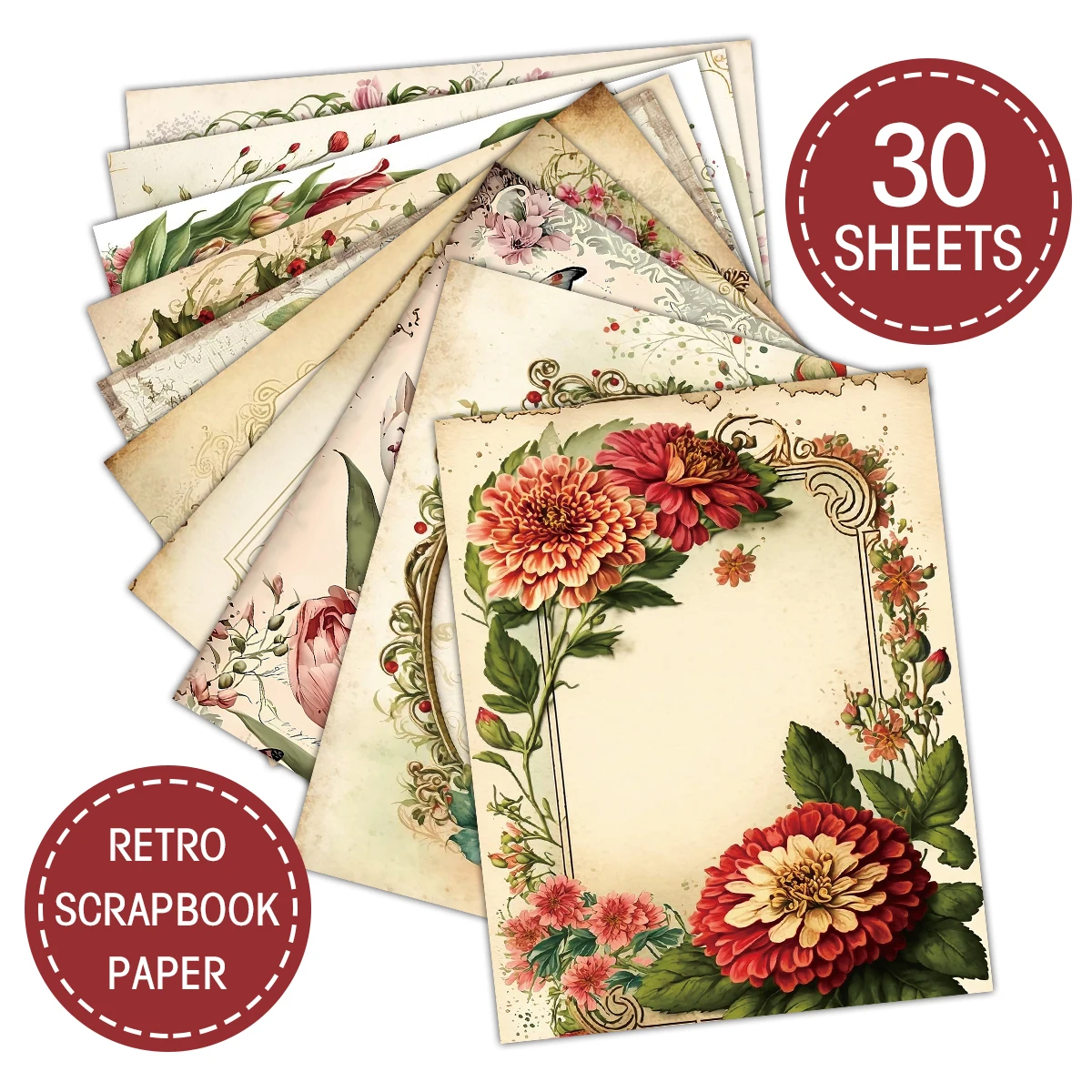 30pcs Vintage Floral Scrapbook Paper Pad Retro-Themed Decorative Materials for Planner,Bullet Journaling,Junk Journal,DIY Crafts