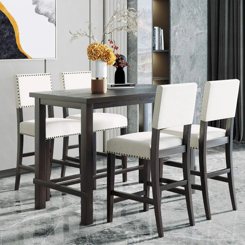 5-Piece Wooden Counter Height Dining Table Set with 4 Padded Chairs with Nailhead Trim for Kitchen,Bar,Espresso+Beige